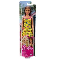 Papusa Barbie adora moda si tot ce tine de acest domeniu Iese in evidenta oricand si oriunde fiind atenta la detalii mici si alege cele mai frumoase accesori pentru fiecare tinuta Papusa satena poarta o rochita galbena cu imprimeu cu fluturi