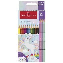 Creioane colorate 103 unicorn Faber Castell  contin 10 creioane colorate hexagonale nuante clasice  si  3 creioane in culori pastel Faber-Castell si stickere cu unicorni Culori stralucitoare Lipirea speciala SV previne ruperea mineiCreioanele au fost produse utilizand o tehnica speciala de lipire a grafitului SV pentru a creste rezistenta minelor la uzuraSet fabricat numai din materiale ecologice in 