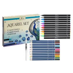 Setul contine12 markere in diverse culori cu varf tip pensula12 creioane colorate acuarelabile1 pensula plastic cu rezervorMarkerele acuarelabile cu varf tip pensula Nassau Fine Art sunt o modalitate moderna de a picta in acuarela Nu este nevoie de amestec cu apa Poti trece direct la pictatEste un instrument de calitate cu care puteti desena sau picta Cerneala pe baza de apa este mereu gata de folosire si este complet dizolvabila in apa 