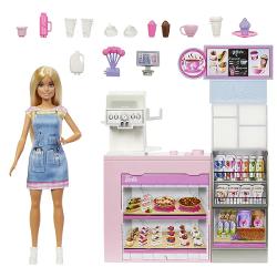 Exploreaza lumea distractiei cu setul de joaca cu papusa Barbie si propria cafenea Barbie poarta o rochie foarte draguta si un sort bleu si este mereu pregatita sa serveasca clientii cu smoothie cafea sau alte gustari delicioase Acest set de joaca are foarte multe accesorii cum ar fi un recipient pentru lapte sirop de ciocolata cani de cafea pahare de smoothie o ceasca de ceai si multe altele Cafeneaua mai are si sectiunea de gustari dulci cu placinte dulci un tort si prajituri; o 