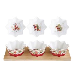 Set pentru aperitiv cu 3 boluri de portelan pe tava de bambus Christmas Memories 34x12 cm Easy Life R2183chme