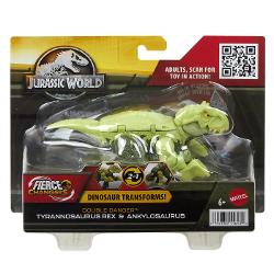 Aceste figurine Jurassic World Double Danger le ofera iubitorilor de dinozauri de doua ori mai mult entuziasm Erbivorele se transforma in carnivore iar inapoi in 11 pasi simpli Sunt disponibile 4 figuri diferite Tyrannosaurus Rex se transforma cu Ankylosaurus in 2 decoruri de design diferite Carnotaurus se transforma cu Stegosaurus si Baryonyx cu Parasaurolophus Caracteristicile specifice speciei sunt proiectate in o jucarie transformatoare grozava pentru copiii de la 6 ani in sus 