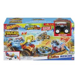 Actiunea de schimbare a culorii este in flacari cu setul de joc Hot Wheels Monster Trucks Arena Smashers Color Shifters 5-Alarm Rescue Copiii conduc Color Shifters HW 5-Alarm inclus in rezervorul de apa rece ca gheata al unei platforme detasabile pentru a initia prima schimbare de culoare inainte de a tinti spre un zid de flacari din spatele unei tribune Loviti locul zdrobitor si 5-Alarm se prabuseste in tribune cele doua masini zdrobibile incluse si Monster Truck cad in apa foarte calda si 