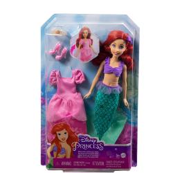 Inspirata de filmul clasic Disney Mica Sirena aceasta papusa Ariel cu spirit liber traieste sub mare dar tanjeste sa se alature lumii umane Fanilor le va placea sa-si recreeze transformarea magica cu aceasta papusa Mermaid to Princess Ariel Ariel vine cu cele doua infatisari ale ei o coada de sirena pentru apa si o rochie roz stralucitoare pentru uscat Papusa nu poate sta singura Culorile si decoratiunile pot varia