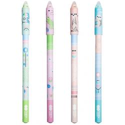- roller gel cu cerneala termosensibila- textul se sterge prin frecare cu guma de la capatul instrumentului de scris- 4 tatuaje diverse ale corpului rollerului- grosime scriere 05 mm- varf scriere tip bullet → scriere apropiata de 07 mm- culoare de scriere albastru cristal