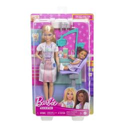 Descopera setul de joaca Barbie Dentist ideal pentru copiii care vor sa exploreze lumea stomatologiei prin joaca Acest set ofera oportunitatea de a descoperi importanta ingrijirii dentare si de a dezvolta imaginatia prin scenarii realiste Setul include o papusa Barbie blonda imbracata in uniforma de dentist cu halat alb si ochelari de protectie pregatita sa ofere cele mai bune tratamente dentare Scaunul de consultatie este special conceput pentru micii pacienti iar setul contine si o 