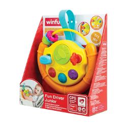 Volanul cu activitati de la Winfun este jucaria ideala pentru micii aventurieri Cu un design viu colorat si robust acest volan este usor de prins si manevrat avand un schimbator de viteze mobil care simuleaza experienta reala de condus Cele trei lumini intermitente se sincronizeaza cu efectele sonore si melodiile vesele captivand atentia copilului Inelele glisante si butonul de claxon care reda sunete autentice stimuleaza jocul interactiv si dezvoltarea abilitatilor motorii fine Volanul 