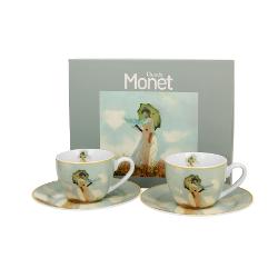 Dou&259; ce&537;ti pentru espresso cu farfurioare FEMEIA CU UMBRELA inspirate de C Monet parte a seriei Art Gallery  realizate din por&539;elan de calitate superioar&259; caracterizat printr-o culoare alb-crem elegant&259; &537;i natural&259; cu o str&259;lucire delicat&259; precum &537;i o durabilitate excep&539;ional&259;Setul este decorat cu un fragment a 