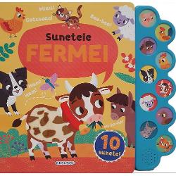Cartea Sunetele fermei 10 sunete este o carte interactiva destinata copiilor care combina lectura cu sunete specifice fermei pentru a oferi o experienta educativa si distractiva Cartea are o sectiune laterala albastra prevazuta cu butoane care reprezinta fiecare dintre animalele ilustrate Fiecare buton reda un sunet specific atunci cand este apasat ajutand copiii sa asocieze sunetele cu animalele respectiveInclude 3 baterii tip 