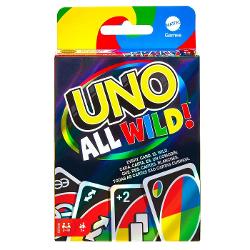 Joc de carti pentru copii si adulti UNO All Wild cu 112 carti Jocul de carti UNO All Wild in care fiecare carte este o carte de actiune pentru un ritm rapid si imprevizibil Nu exista nici o potrivire a numarului sau a culorii ca la jocul UNO obisnuit dar nu este atat de usor pe cat pare Cartile speciale de actiune schimba cu adevarat jocul Exista o carte Wild Skip Two in care jucatorii sar peste alti doi jucatori si o carte Wild Forced Swap in care jucatorii isi schimba cartile din mana 