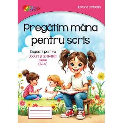 Pregatim mana pentru scris„Pregatim mana pentru scris” este un caiet de antrenament grafic special conceput pentru copiii de varsta prescolara care ii ajuta sa isi dezvolte abilitatile motorii fine si sa se pregateasca pentru scris Prin exercitii distractive si progresive copiii invata sa controleze creionul sa traseze linii forme si desene intr-un mod distractiv si educativ Caietul este structurat astfel incat sa ofere o experienta de invatare graduala adaptata 