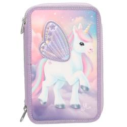 Un unicorn-tastic Penarul triplu de culoare mov de la Ylvi are in fata un motiv mare de unicorn pe un fundal innorat magic Aripa matlasata aplicata realizata din material holo este un detaliu real care atrage atentia la fel ca si dintii cu fermoar argintii irizati Cele trei compartimente separate sunt fiecare complet umplute cu 18 pixuri de colorat si pasla 2 creioane ascutitoare radiera rigla foarfece lipici si o mica punga cu velcro Material principal PES poliamida