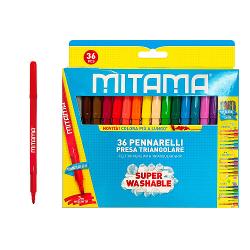 Descopera setul de 36 de carioci lavabile triunghiulare de la Mitama perfecte pentru creatiile artistice ale copiilor taiSet de 36 cariociForme triunghiulare pentru o prindere usoaraCulori lavabile usor de curatatPunta fina pentru detalii precise