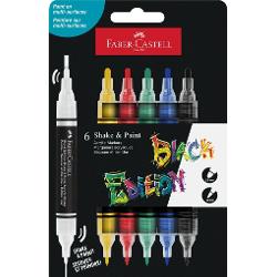 Set de 6 markere acrilice alb galben rosu verde albastru si negru Shake&Paint de la Faber-Castell Cerneala acrilica opaca pe baza de apa intens pigmentata Varf dublu varf gros de 3&8239;mm pentru acoperire larga si varf fin de 1&8239;mm pentru detalii precise Usor de aplicat pe o varietate de suprafete hartie carton lemn panza sticla metal piatra si plastic Markere rezistente la lumina si apa dupa uscare Se recomanda a se agita bine 