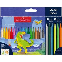 Carioci Faber-Castell editie speciala colectia dinozauri Culori stralucitoare 18 clasice 3 metalizate si 3 neon Varf rezistent la presiune Cerneala pe baza de apa Potrivite pentru desen si colorare pe hartie carton lemn si alte materiale poroase Cutia include stickere cu dinozauri Se recomanda depozitarea cariocilor in pozitie orizontala pentru o durata de viata mai 