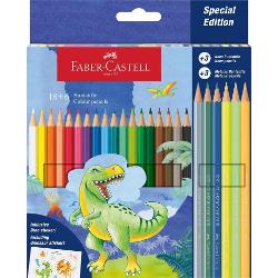 Creioane colorate Faber-Castell in editie speciala dinozauri Setul contine 18 creioane colorate standard impreuna cu 6 creioane suplimentare 3 neon si 3 pastel Forma ergonomica hexagonala pentru o prindere confortabila si stabilitate sporita Cutia si ambalajul au un design tematic cu dinozauri Mina moale rezistenta la rupere tehnologie SV Lemn certificat FSC non-toxic sigur pentru 