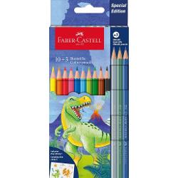 Creioane colorate Faber-Castell in editie speciala dinozauri Setul contine 10 creioane colorate standard si 3 culori metalice Forma ergonomica hexagonala pentru o prindere confortabila si stabilitate sporita Cutia si ambalajul au un design tematic cu dinozauri Mina moale rezistenta la rupere tehnologie SV Lemn certificat FSC non-toxic sigur pentru copii Setul vine intr-o cutie practica care permite depozitarea ordonata a creioanelor si le protejeaza de deteriorare Cutia contine 