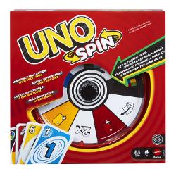 UNO Spin ofera o versiune diferita a jocului clasic UNO si este ideal pentru toata lumea Jucatorii joaca pe rand carti UNO potrivind culoarea numarul sau actiunea pentru a scapa de toate cartile lor Cand se joaca o carte Spin jucatorul invarte roata si urmareste actiunea Exista diferite posibilitati de rotire cum ar fi desenarea culorilor schimb de maini eliminare culoare rotire dubla Poate schimba cursul jocului mai ales daca cineva uita sa strige &bdquoUNO&rdquo Jocul 