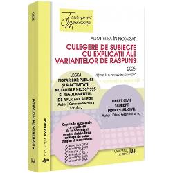 Lucrarea cuprinde subiectele date la concursurile pentru dobandirea calitatii de notar stagiar organizate in perioada 2019-2024 variantele corecte de raspuns precum si explicatii detaliate formulate pentru fiecare varianta de raspuns La elaborarea raspunsurilor au fost avute in vedere legislatia relevanta in materie modificarile legislative intervenite solutionarile contestatiilor la baremul de notare jurisprudenta in domeniu si opiniile exprimate in literatura de 