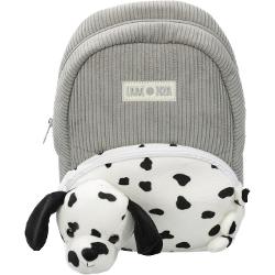 DetaliiDesign cu catelus Dalmatian 3D detasabil;Material plusat moale si placut la atingere;Bretele ajustabile pentru confort;Inchidere practica cu fermoar;Dimensiune potrivita pentru copii;Culoare gri cu alb si imprimeu cu buline negre