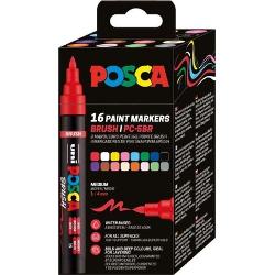Marker cu varf pensula UNI PC 5BR Posca 1-4 mm set 16 culori M1603