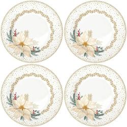 Completeaz&259; mesele festive cu acest set elegant de 4 farfurii din por&539;elan fin parte din colec&539;ia White Elegance de la Easy Life Farfuriile albe sunt decorate cu motive aurii frunzulite verzi &537;i o strong 