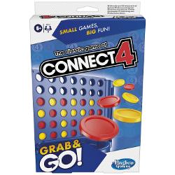 Castiga din mers cu jocul Connect 4 Grab and Go Aceasta versiune compacta pastreaza acelasi gameplay clasic Connect 4 dar intr-un format perfect pentru calatorii Ambii jucatori primesc cate 21 de discuri si au sansa de a obtine 4 la rand pentru a castiga Insa fiecare are si ocazia de a bloca miscarile adversarului pentru a-i impiedica victoriaCand jocul se termina discurile pot fi depozitate usor in coloane iar tavile se pliaza peste grila de joc pentru o stocare rapida si convenabila 