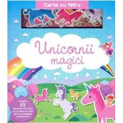 Unicornii magici este o carte cartonata cu pagini din fetru placute la atingere si piese din fetru care se agata cu usurinta de paginile cartii si pot fi folosite de nenumarate ori Copiii vor fi bucurosi sa completeze fiecare imagine magica potrivind figurinele in asa fel incat sa ilustreze micile povesti Con&539;ine 23 de piese din fetru si 5 scene pe care sa le completezi jucandu-te Recomandat copiilor de la 3 ani 