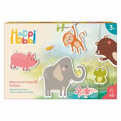 Happi Hobbi  prezinta aceasta jucarie magnetica cu animale educativa si distractiva care ii introduce pe copii in lumea fascinanta a animalelor Setul contine 41 de magneti din carton si o plansa magnetica ce se introduce in taieturile laterale ale cutiei transformand-o intr-o &bdquotabla&rdquo interactiva pe care copilul poate muta piesele cu usurinta creand scenarii originale si povestiri pline de imaginatie Fiecarui animalut ii corespunde un habitat si un tip de hrana pe care 