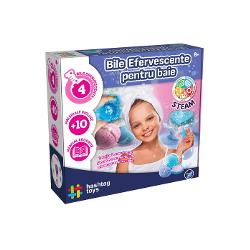 Distreaza-te creand bombe de baie colorate fantastice cu acest set Invata sa realizezi experimente chimice educative uimitoare si lasa-ti imaginatia sa zboare cu aceasta jucarie de baie fantastica Pregateste-le si urmareste efectul lor efervescent incredibil Continutul setului spatule de lemn forme pentru bilele efervescente pentru baie amidon bicarbonat de sodiu acid citric pipete Pasteur pahar mic de masurat sclipici roz pigment cosmetic albastru