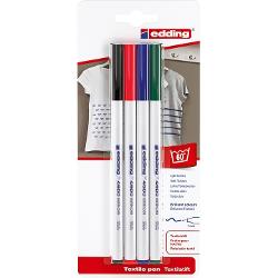 Marker cu cerneala pigmentata destinat utilizarii pe toate textilele netratate cu un finisaj chimic bumbac matase lenjerie etc  avand uscare rapida Rezistent la spalare pana la 60 de grade C dupa scriere Varf fin de aproximativ 1 mm Set de 4 culori rosu negru albastru si verde