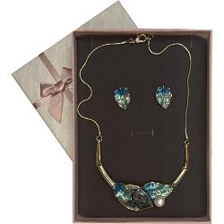 Set colier si cercei alama auriu turcoaz perla 42 7cm GA284