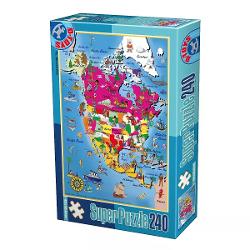 Un puzzle educativ cu 240 piese înf&259;&539;i&537;ând harta Americii de Nord pentru copii c&259;rora le place s&259; studieze geografia vor s&259; înve&539;e despre &539;&259;rile continentului despre principalele simboluri ale acestora precum &537;i despre obiceiurile locuitorilor