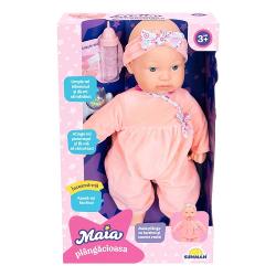 Papusa Maia plange si are nevoie de tine pentru a se inveseli Umple-i biberonul ca sa o hranesti iar daca ii atingi piciorusul iti va raspunde cu un chicotit adorabilMaia plange cu lacrimi si sunete reale Are si o zornaitoare astfel incat te poti juca cu ea si o poti face sa radaIn doar cateva clipe Maia va fi din nou fericita si pregatita pentru joacaPachetul contine- 1x papusa bebelus Maia;- 1x biberon;- 1x 