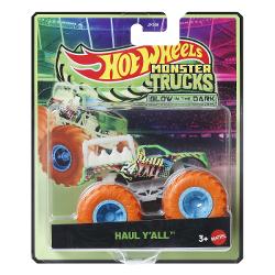 Cand luminile se sting actiunea devine si mai palpitanta cu Hot Wheels Monster Trucks care stralucesc in intuneric Fiecare vehicul este la scara 1 la 64 si prezinta designuri impresionante si roti uriase De asemenea are elemente luminoase oferind ciocniri si explozii palpitante in intuneric Colectionarii si copiii care iubesc Monster Trucks vor dori sa le aiba pe toate Potrivit pentru varste de 3 ani si peste Acest pachet contine personajul Haul Yall