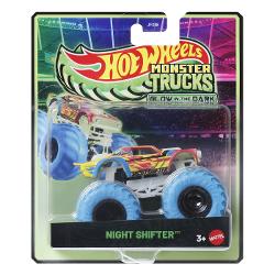 Cand luminile se sting actiunea devine si mai palpitanta cu Hot Wheels Monster Trucks care stralucesc in intuneric Fiecare vehicul este la scara 1 la 64 si prezinta designuri impresionante si roti uriase De asemenea are elemente luminoase oferind ciocniri si explozii palpitante in intuneric Colectionarii si copiii care iubesc Monster Trucks vor dori sa le aiba pe toate Potrivit pentru varste de 3 ani si peste  Acest pachet contine personajul Night Shifter