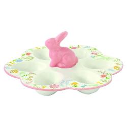 Adaug&259; un plus de farmec mesei tale cu acest platou din por&539;elan pentru 6 ou&259; din colec&539;ia&nbsp;Tres Jolie&nbsp;de la&nbsp;Easy Life Elegant &537;i delicat platoul are un design alb decorat cu un iepura&537; simpatic &537;i flori decorative multicolore 