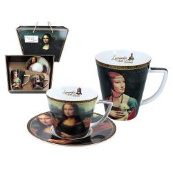 Set elegant realizat din por&539;elan fin inspirat de capodoperele renascentiste semnate de Leonardo da Vinci ce aduce un plus de rafinament &537;i valoare artistic&259; &icirc;n fiecare moment de relaxare Setul con&539;ine o cea&537;c&259; de 230 ml cu farfurioar&259; asortat&259; decorate cu celebra &bdquo;Mona Lisa&rdquo; &537;i o can&259; de 400 ml ilustrat&259; cu &bdquo;Doamna cu hermin&259;&rdquo;p data-start403 