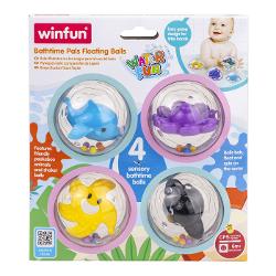 Winfun Set 4 Bile Senzoriale Pentru Baie este un set de jucarii pentru baie conceput pentru a transforma fiecare moment petrecut in apa intr-o experienta distractiva si interactiva Setul include 4 mingi transparente fiecare avand in interior un animalut colorat si bile mici care produc sunete atunci cand sunt agitate Mingile plutesc pe apa se rotesc si se misca liber captand atentia copilului si incurajand explorarea Designul ergonomic este adaptat pentru mainile mici fiind usor de prins 