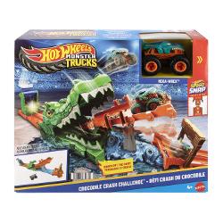 Pregateste-te pentru actiune la scara mare cu setul Hot Wheels Monster Trucks Provocarea Crocodilului cu masinuta inclusa o provocare spectaculoasa plina de viteza si impact Arena este dominata de un crocodil urias cu falci deschise gata sa prinda camionul Monster Truck in timpul cursei Copilul lanseaza vehiculul pe rampa tintind direct spre tinta pentru a dobori obstacolul si a invinge crocodilul Setul include un Monster Truck Mega Wrex realizat in stil robust cu roti supradimensionate 