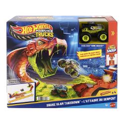 Setul de joaca Hot Wheels Monster Truck Invinge Sarpele Urias aduce spectacolul arenelor de cascadorii direct in camera copiilor Inspirat din competitiile Monster Trucks acest circuit plin de actiune provoaca jucatorii sa invinga un sarpe urias care pazeste arena Masinuta Monster Truck este lansata pe pista cu viteza pentru a sari peste obstacole si pentru a lovi tinta incercand sa doboare capul sarpelui gigantic Mecanismul interactiv transforma fiecare lansare intr-o provocare 