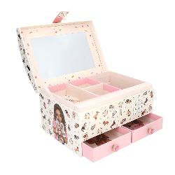Cutie pentru bijuteri muzicala TOPModel cu cod activat Aceasta cutie are o incuietoare cu combinatie care poate fi modificataCand este deschisa reda melodia Anti-Hero timp de aproximativ 20 de secundeDispune de o oglinda doua sertare si un compartiment extensibilInclude 3 baterii LR44AG13 Instructiuni incluseVarsta 6 ani