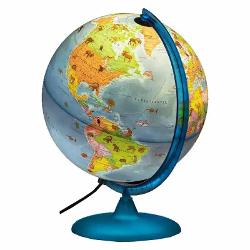 Glob pamantesc luminos cu harta politica actualizata imbogatita cu ilustratii care reprezinta animale plante si monumente importante din intreaga lumeUn instrument educativ si atractiv potrivit pentru copii care ajuta la descoperirea geografiei intr-un mod vizual si placut