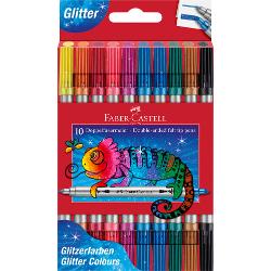 Set de 10 carioci cu 2 capete cu efect de sclipici Faber-Castell Varf subtire pentru linii fine si varf gros pentru acoperire completa Cerneala pe baza de apa Se spala din majoritatea tesaturilor