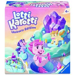 Jocul Unicorn Lotti Karotti O cursa palpitanta a unicornilor catre cristalul magic Care dintre ei va dobandi puteri magice Unicornilor le revine sarcina de a strabate norii pufosi insa pe drum ii asteapta numeroase surprize Din cand in cand cristalul magic se roteste iar pe tabla apar gauri in care pot cadea figurinele jucatorilor Castiga jucatorul care ajunge primul pe varf cu unul dintre unicornii sai Configuratia tablei se schimba la fiecare tura iar mecanica unica a jocului face ca 
