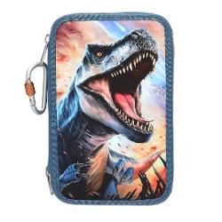 Penar albastru cu 3 compartimente &537;i motiv T-Rex pe fa&539;&259;Complet plin cu pixuri creioane &537;i multe alteleMaterial principal 100 poliesterPenarul albastru de la Dino World cu motivul super T-Rex pe un fundal cu flac&259;r&259; ro&537;ie este fantastic Unul dintre fermoare are o carabin&259; 