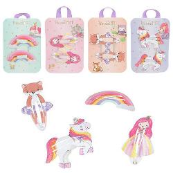 Pentru coafuri consistente si dulci agrafele de par de la Printesa Mimi sunt o atractie stralucitoare In parul micilor printese Un design este mai dragut dec&65533;t celalalt Printesa Mimi Unicorn Bonny Pony un curcubeu colorat si o vulpe mica 2 agrafe de par per model pe un card frumos proiectatPret per bucata Nu se poate alege modelul