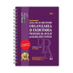LEGEA NR 511995 PENTRU ORGANIZAREA SI EXERCITAREA PROFESIEI DE AVOCATSI LEGISLATIE CONEXA 2026 EDITIE SPIRALATALEGISLATIE CONSOLIDATA SI INDEX&nbsp;PUBLICATA CU AVIZUL UNBR&nbsp;&9679; Legea nr 511995 pentru organizarea si exercitarea profesiei de avocatcu NOILE MODIFICARI aduse prin Legea nr 1182026&9679; Statutul profesiei de avocat&9679; REGULAMENTUL si TEMATICA EXAMENULUI DE PRIMIRE IN 