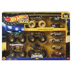 Intra in arena campionilor cu setul Hot Wheels Monster Trucks Trophy Champions Acest pachet spectaculos contine 11 vehicule exclusive printre care 5 monster truck impunatori si 6 masini Hot Wheels cu design metalic premium Detaliile aurii si rotile masive transforma fiecare camion intr-o adevarata piesa de colectie perfecta pentru curse epice si cascadorii uimitoare Inspirat de legendarul Bigfoot acest set aduce impreuna puterea stilul si performanta intr-o editie de colectie 