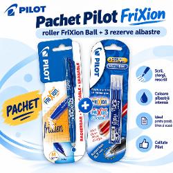 Roller Pilot FriXion cerneal&259; albastr&259; 07 mm  set cu 3 rezerveTehnologia&nbsp;FriXion&nbsp;permite&nbsp;&537;tergerea &537;i rescrierea textului&nbsp;datorit&259;&nbsp;cernelei termosensibile Pur &537;i simplu freci zona scris&259; cu cap&259;tul special &537;i textul dispare instant f&259;r&259; radier&259; sau corectorRollerul este proiectat pentru confort zilnic cu&nbsp;grip ergonomic 